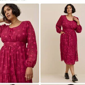 New Torrid size 4X Magenta Star Print Midi Clip Dot Chiffon Tiered Dress